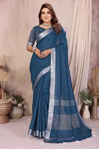 Teal weaving linen cotton saree with blouse
