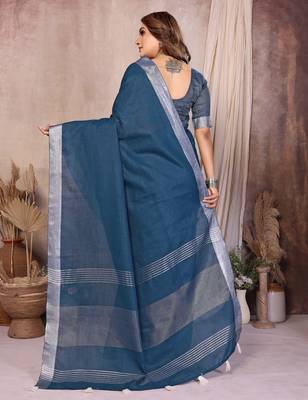 Teal weaving linen cotton saree with blouse 3