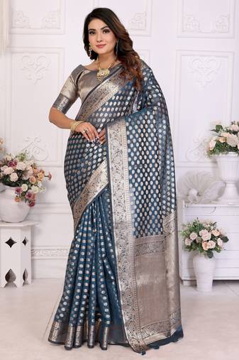 Blue weaving soft organza saree with blouse