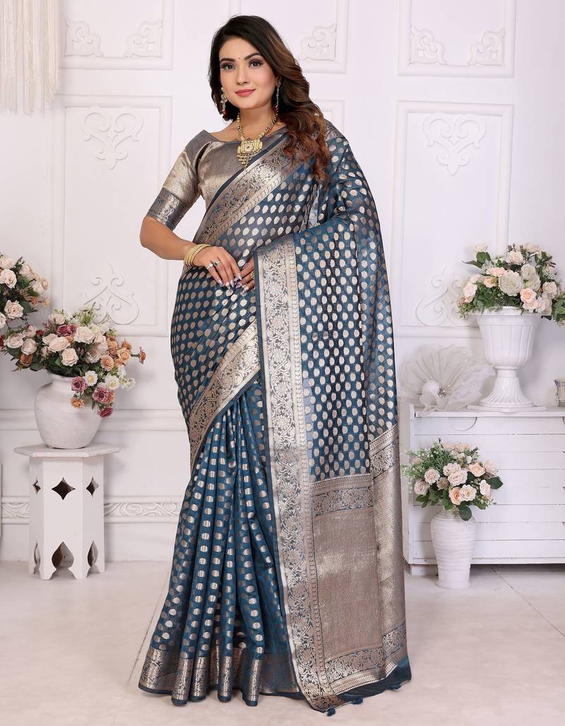 Blue weaving soft organza saree with blouse