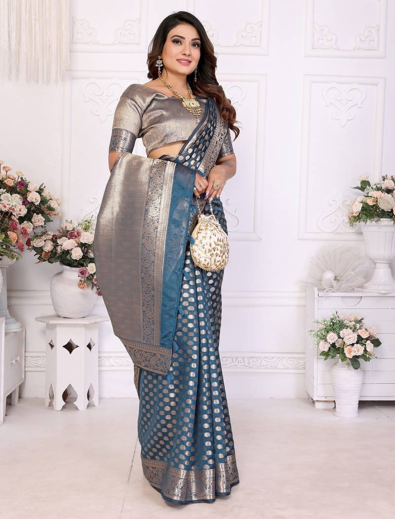 Blue weaving soft organza saree with blouse