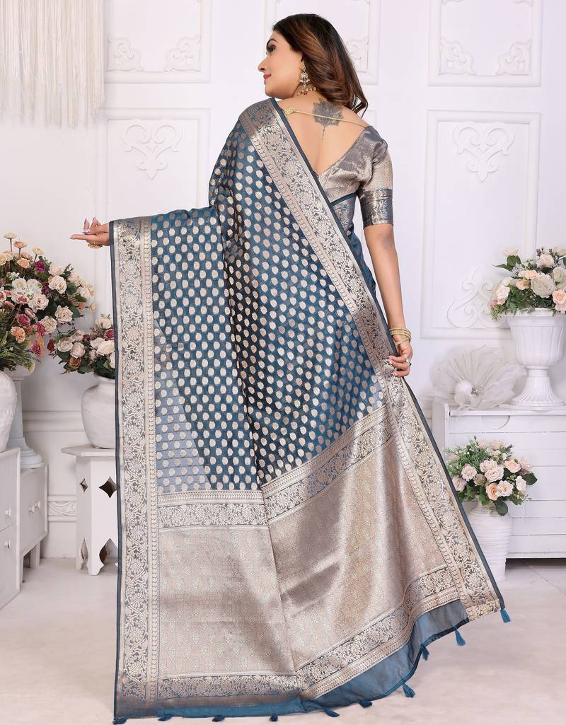 Blue weaving soft organza saree with blouse