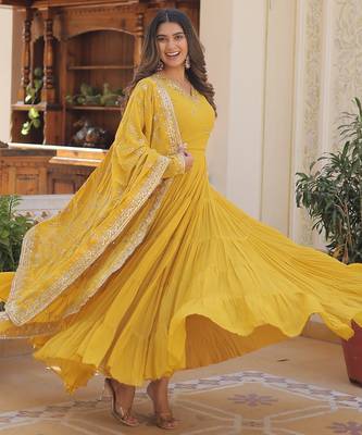 Faux Georgette Sequins Embroidered Readymade Gown with Dupatta | Festive Wear 1