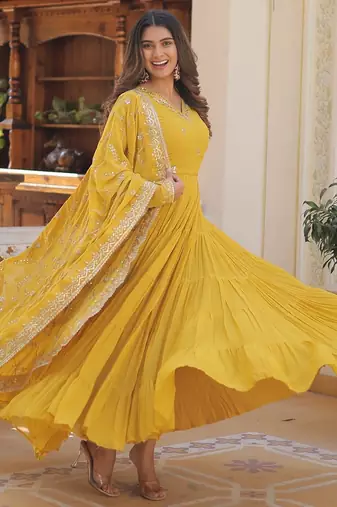 Faux Georgette Sequins Embroidered Readymade Gown with Dupatta | Festive Wear