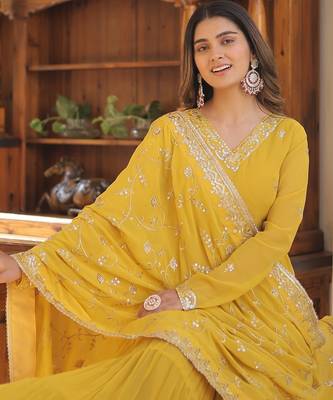 Faux Georgette Sequins Embroidered Readymade Gown with Dupatta | Festive Wear 2