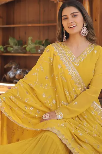 Faux Georgette Sequins Embroidered Readymade Gown with Dupatta | Festive Wear