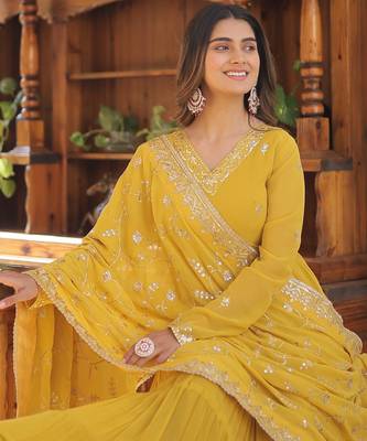 Faux Georgette Sequins Embroidered Readymade Gown with Dupatta | Festive Wear 3