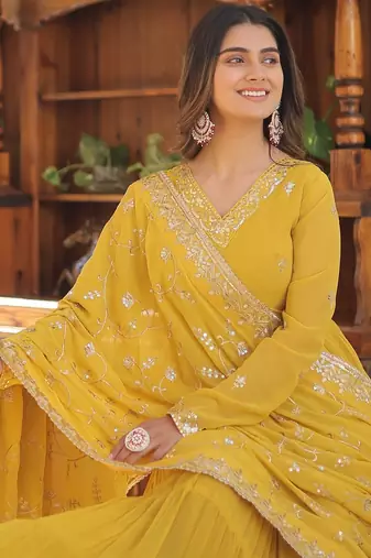 Faux Georgette Sequins Embroidered Readymade Gown with Dupatta | Festive Wear