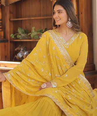 Faux Georgette Sequins Embroidered Readymade Gown with Dupatta | Festive Wear 4