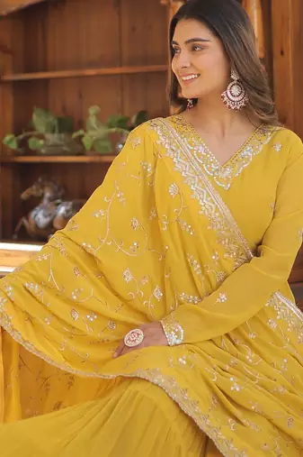 Faux Georgette Sequins Embroidered Readymade Gown with Dupatta | Festive Wear