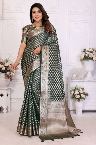 Dark green weaving soft organza saree with blouse