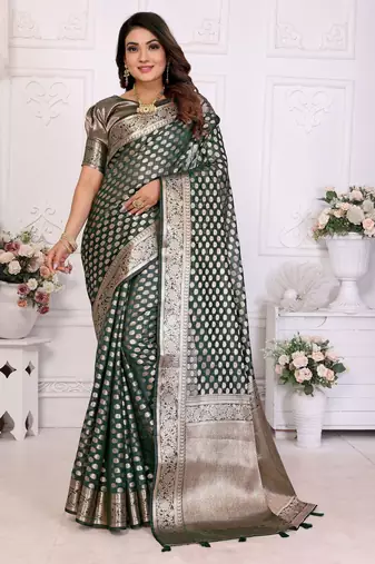 Dark green weaving soft organza saree with blouse