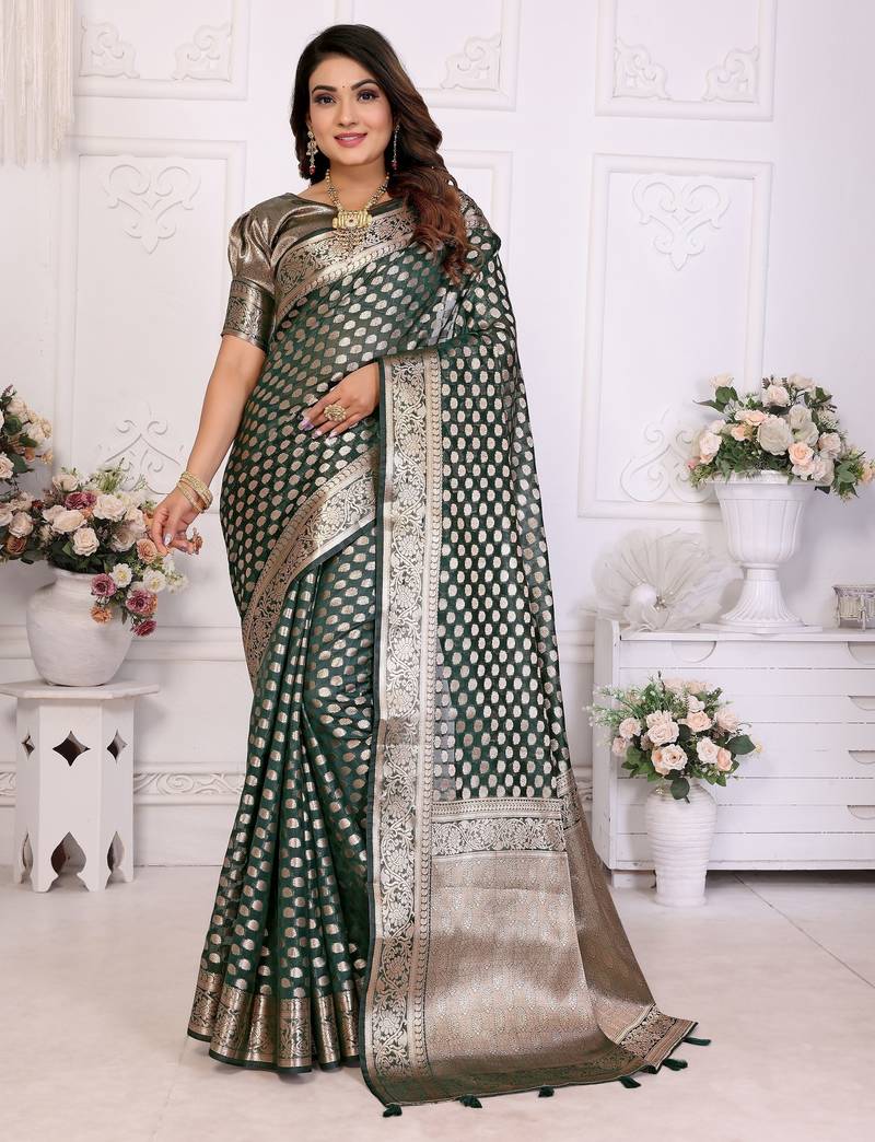 Dark green weaving soft organza saree with blouse