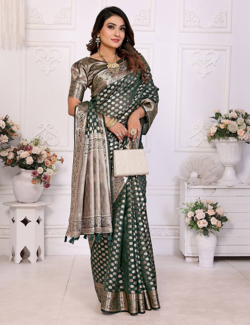 Dark green weaving soft organza saree with blouse
