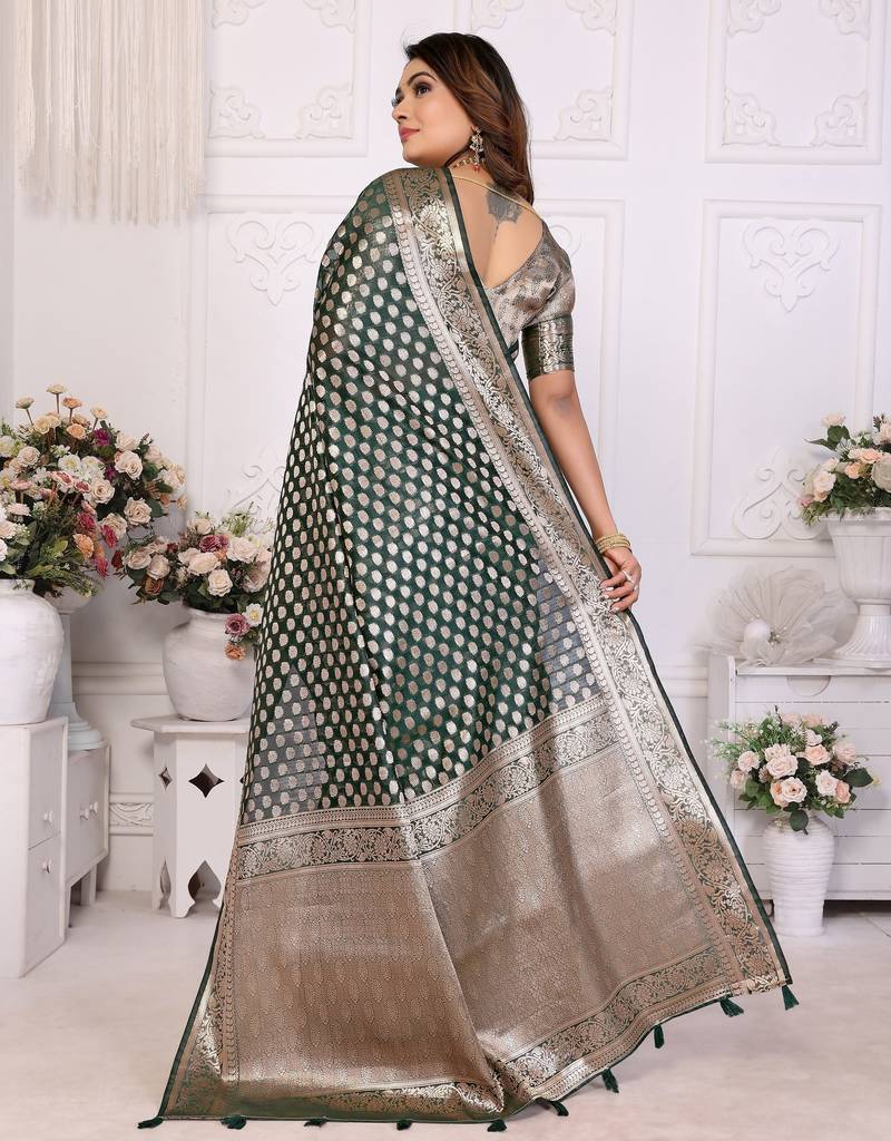Dark green weaving soft organza saree with blouse