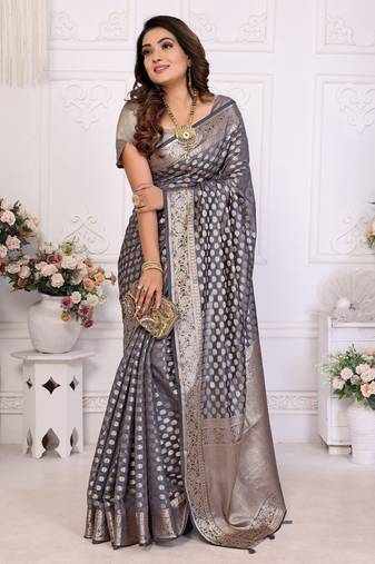Grey weaving soft organza saree with blouse