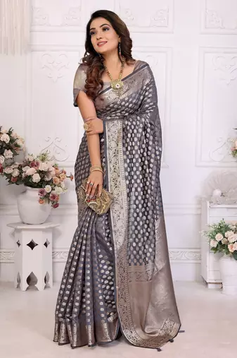 Grey weaving soft organza saree with blouse