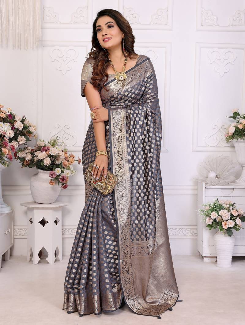 Grey weaving soft organza saree with blouse