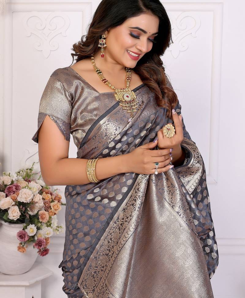 Grey weaving soft organza saree with blouse