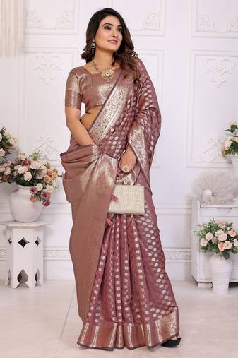 Peach weaving soft organza saree with blouse