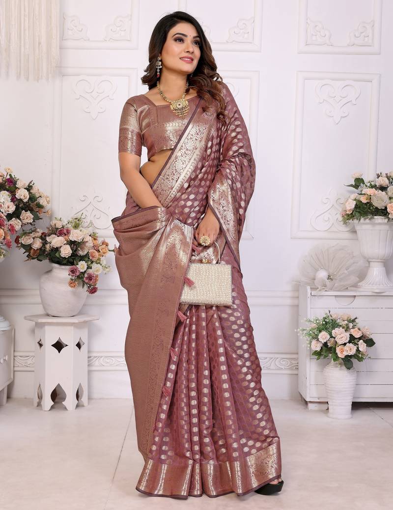 Peach weaving soft organza saree with blouse