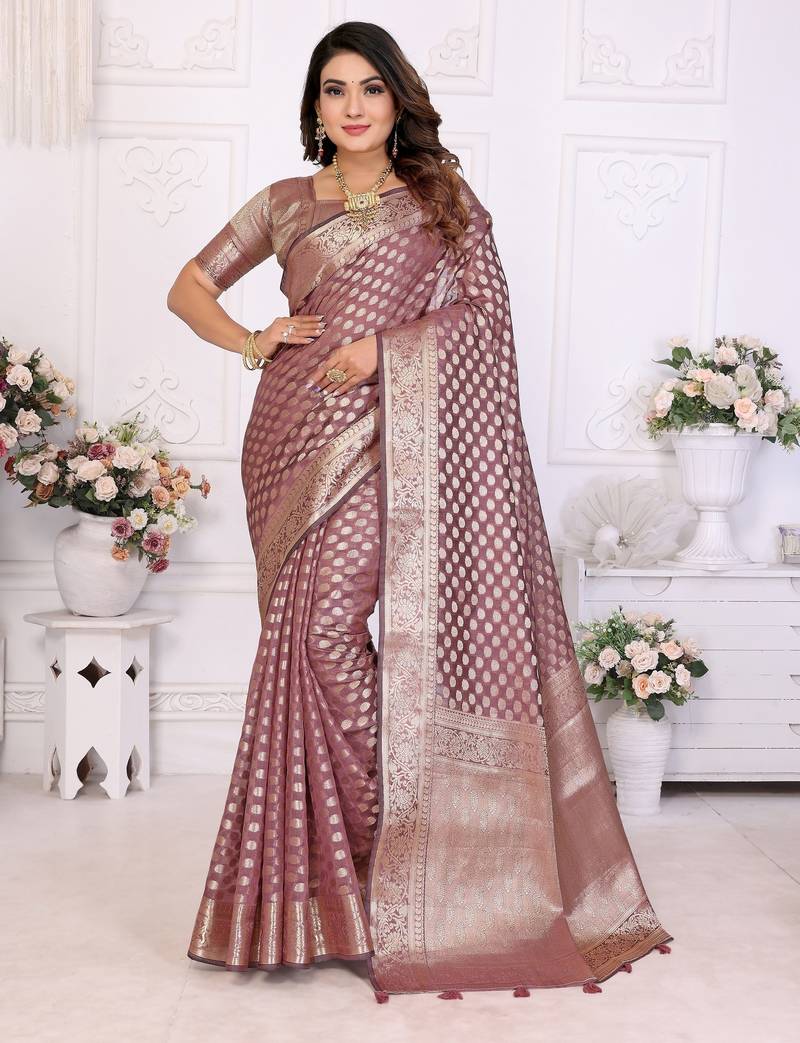 Peach weaving soft organza saree with blouse