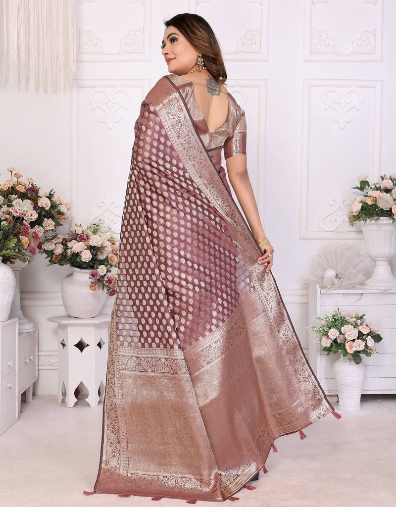 Peach weaving soft organza saree with blouse