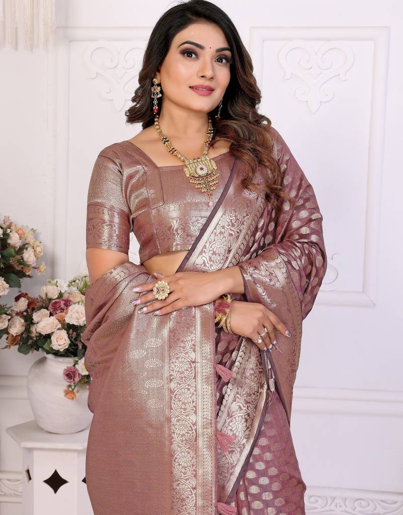 Peach weaving soft organza saree with blouse