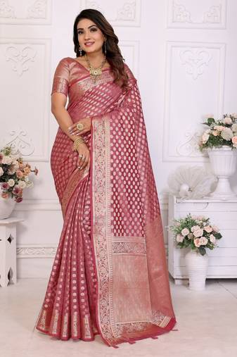 Pink weaving soft organza saree with blouse
