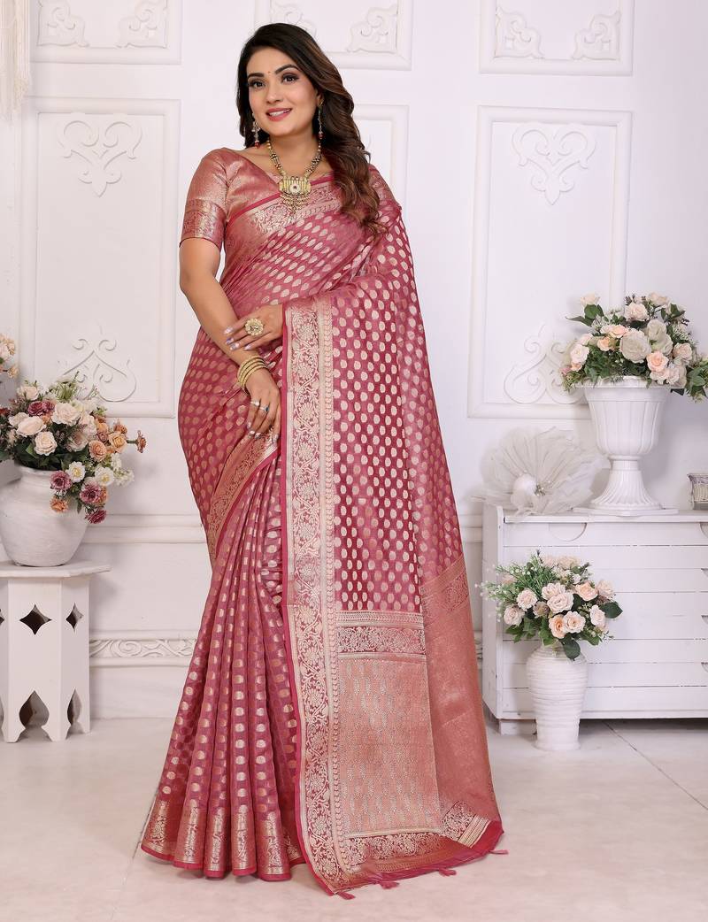 Pink weaving soft organza saree with blouse
