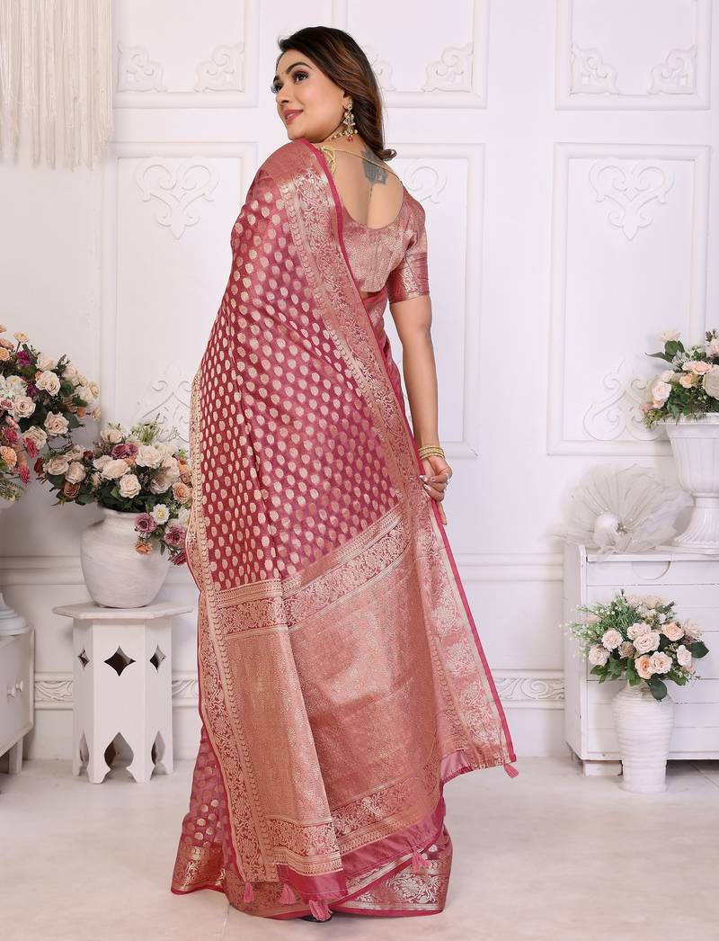 Pink weaving soft organza saree with blouse