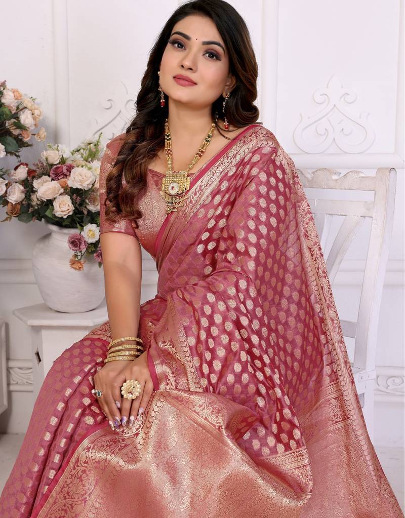 Pink weaving soft organza saree with blouse