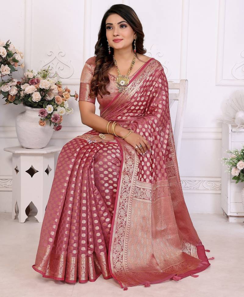Pink weaving soft organza saree with blouse