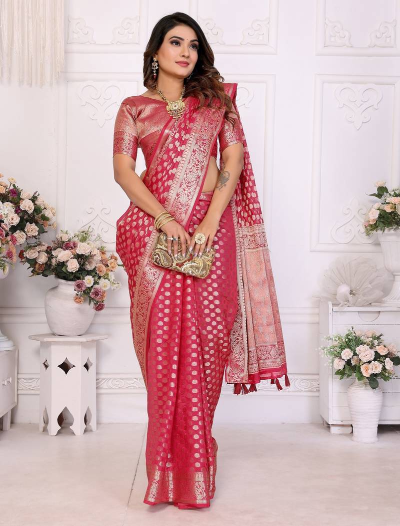 Red weaving soft organza saree with blouse