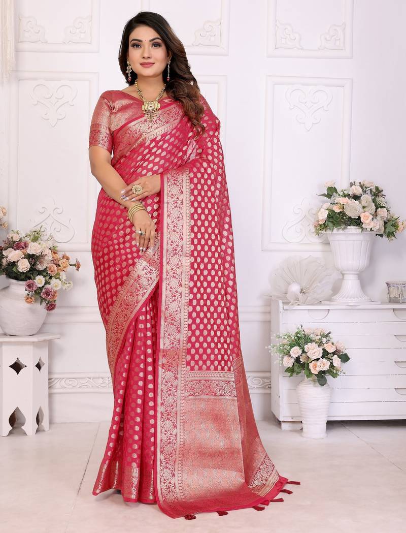 Red weaving soft organza saree with blouse