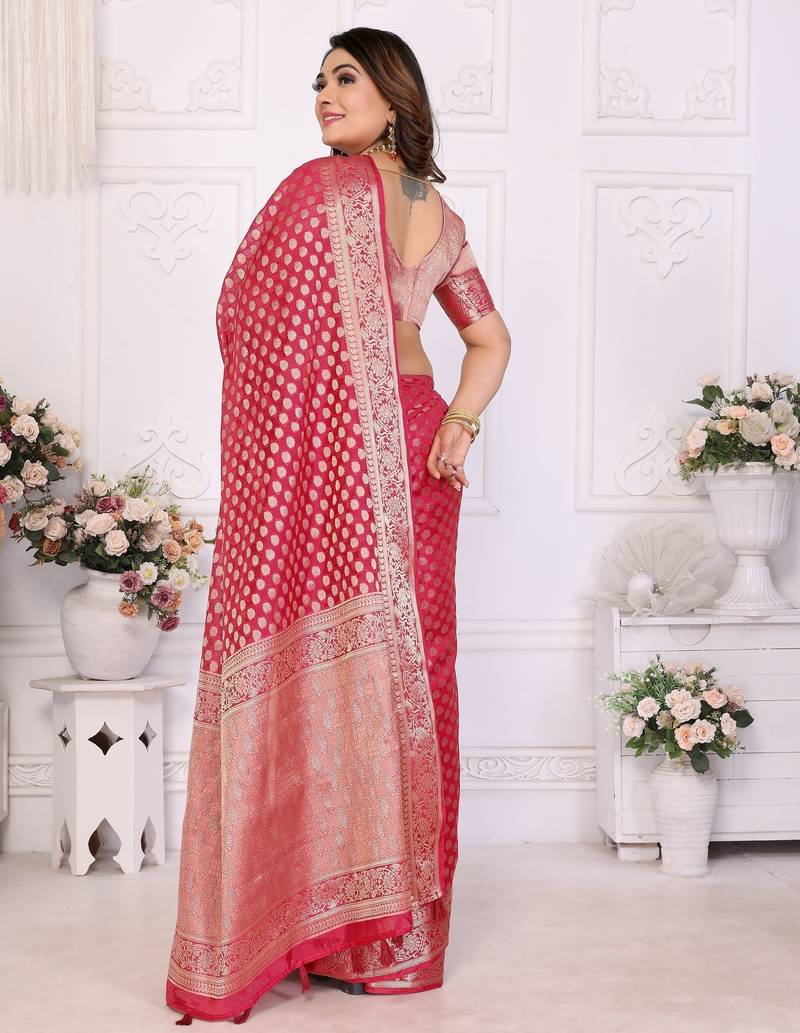 Red weaving soft organza saree with blouse