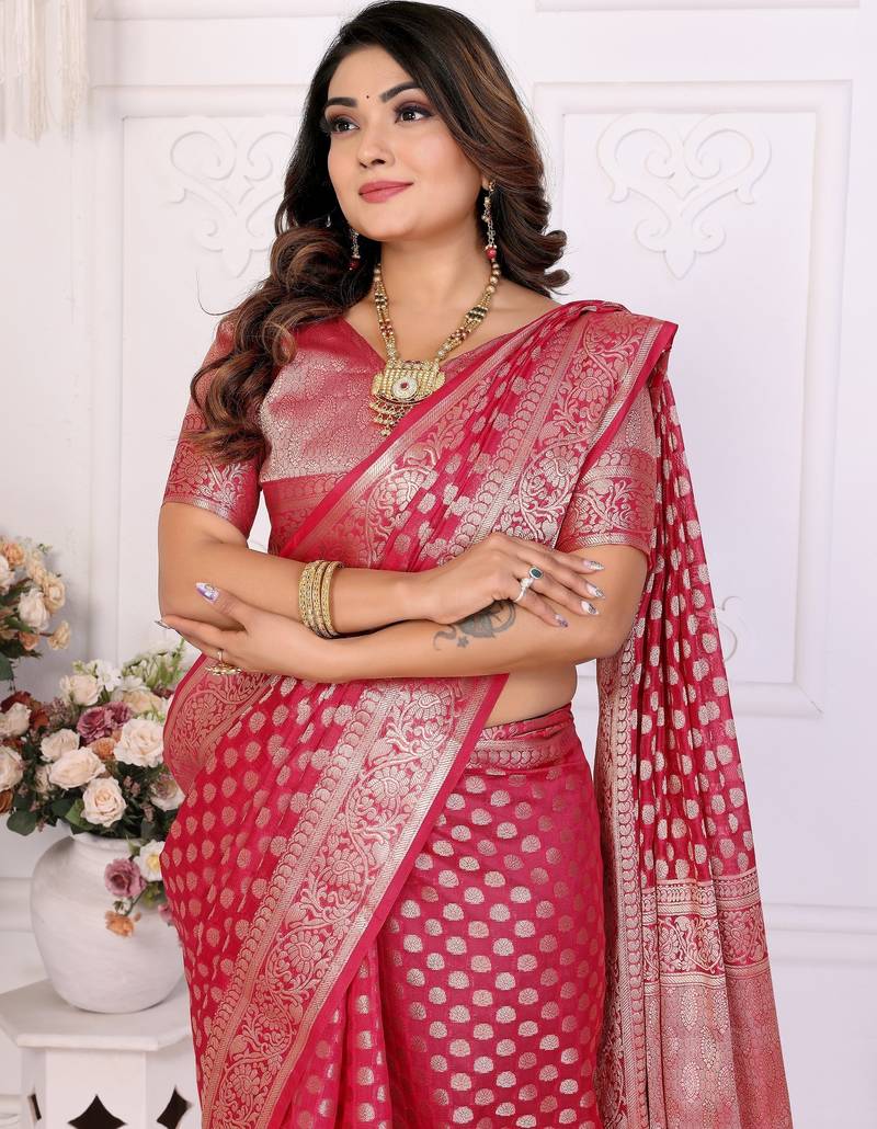 Red weaving soft organza saree with blouse