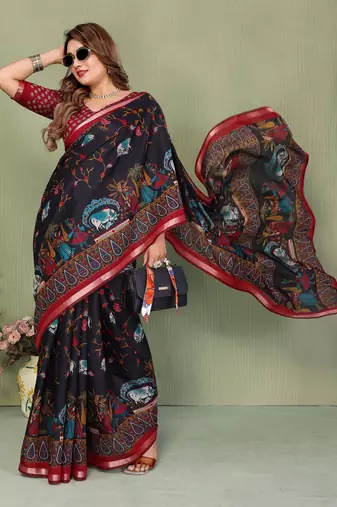 Black printed mal cotton saree with blouse
