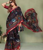 Black printed mal cotton saree with blouse