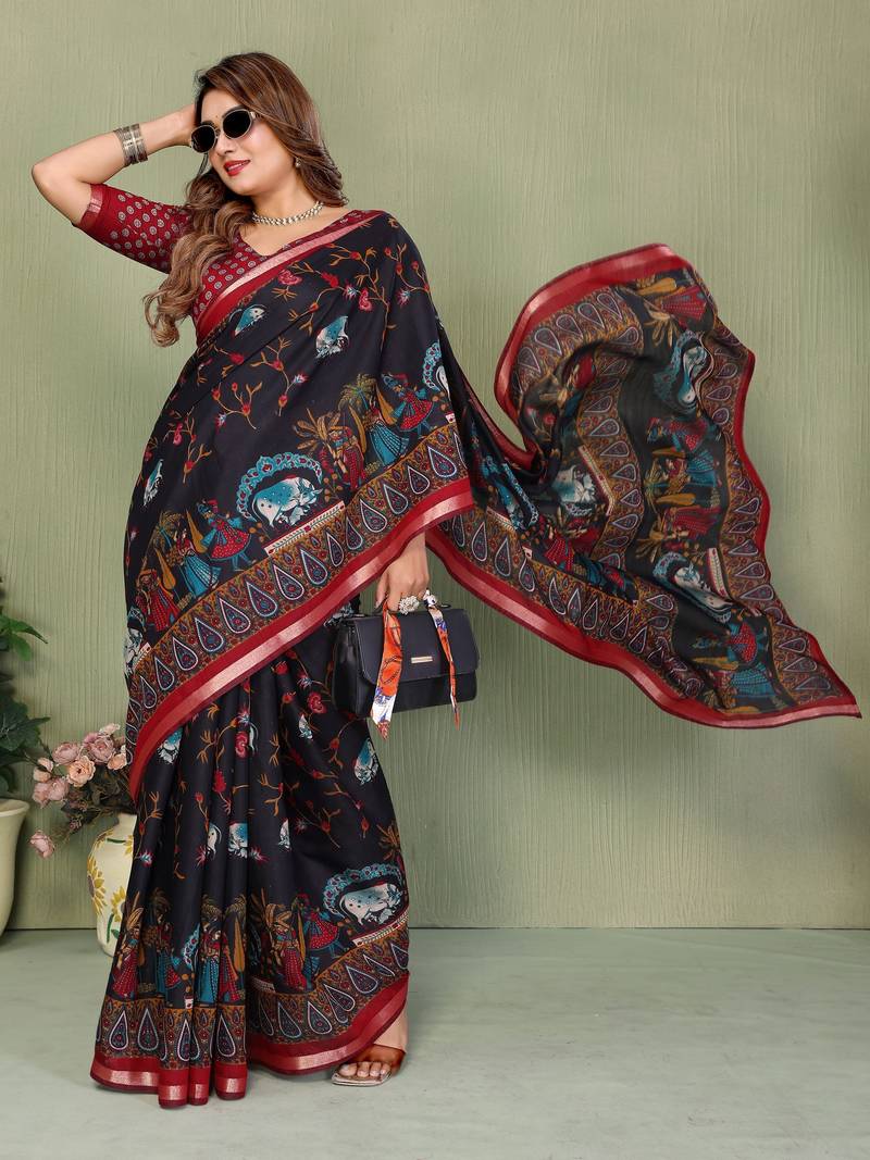 Black printed mal cotton saree with blouse