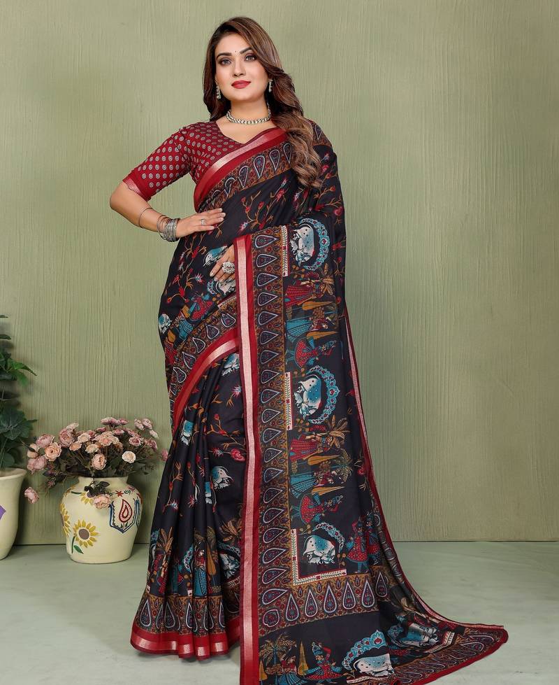 Black printed mal cotton saree with blouse