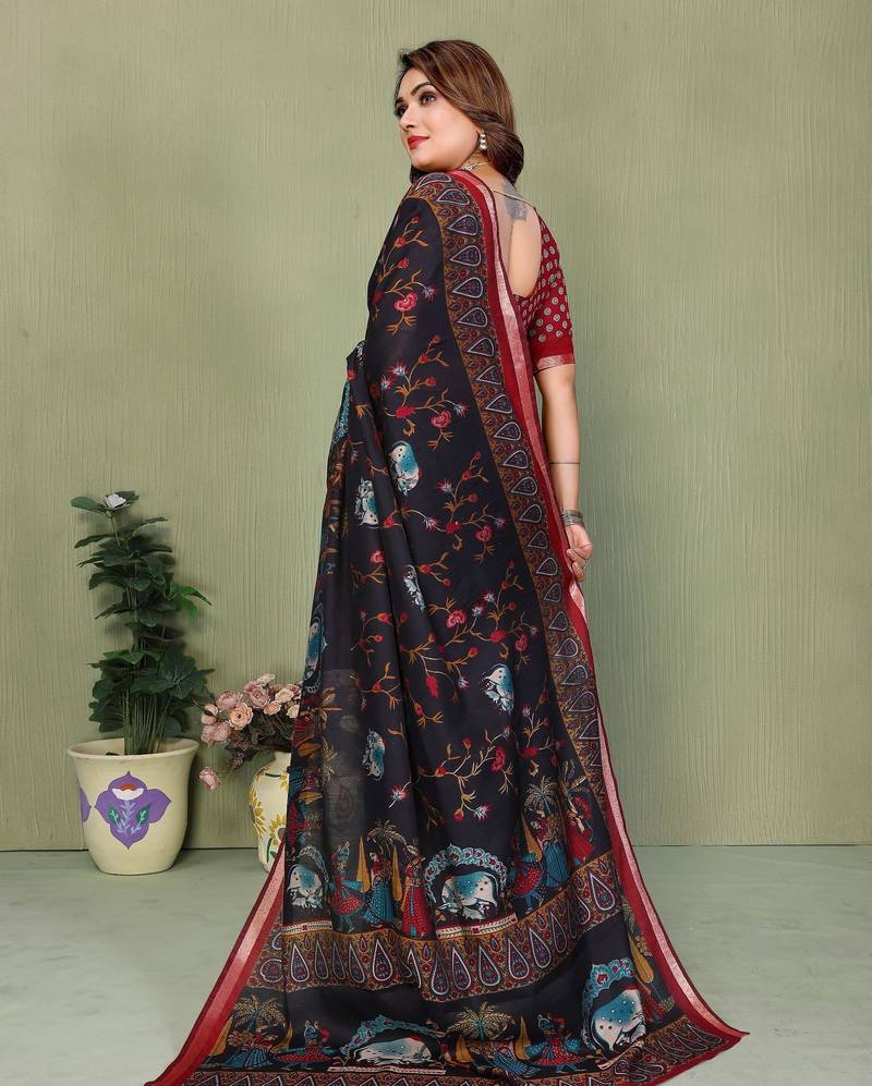 Black printed mal cotton saree with blouse