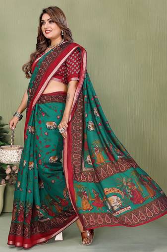 Green printed mal cotton saree with blouse