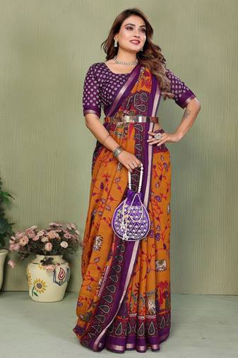 Mustard printed mal cotton saree with blouse