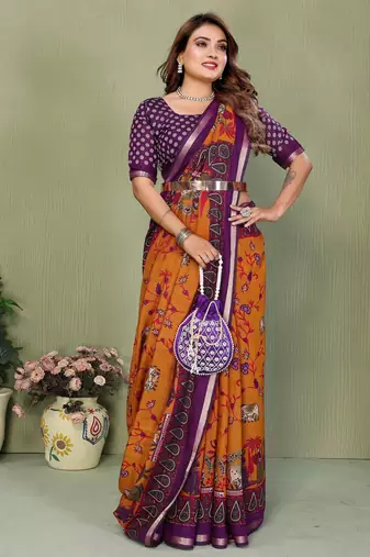 Mustard printed mal cotton saree with blouse