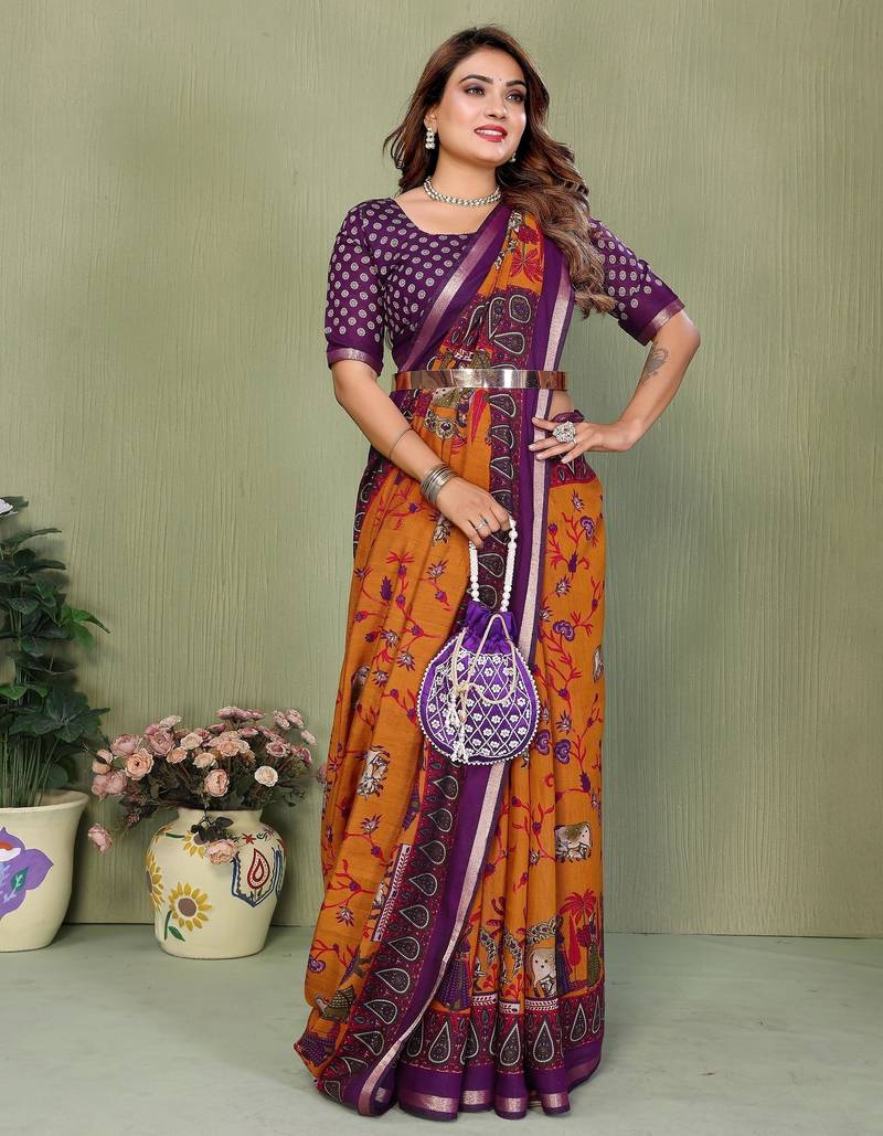 Mustard printed mal cotton saree with blouse