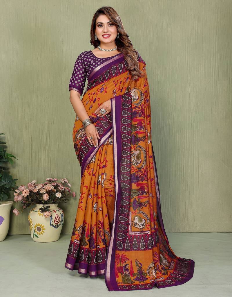 Mustard printed mal cotton saree with blouse