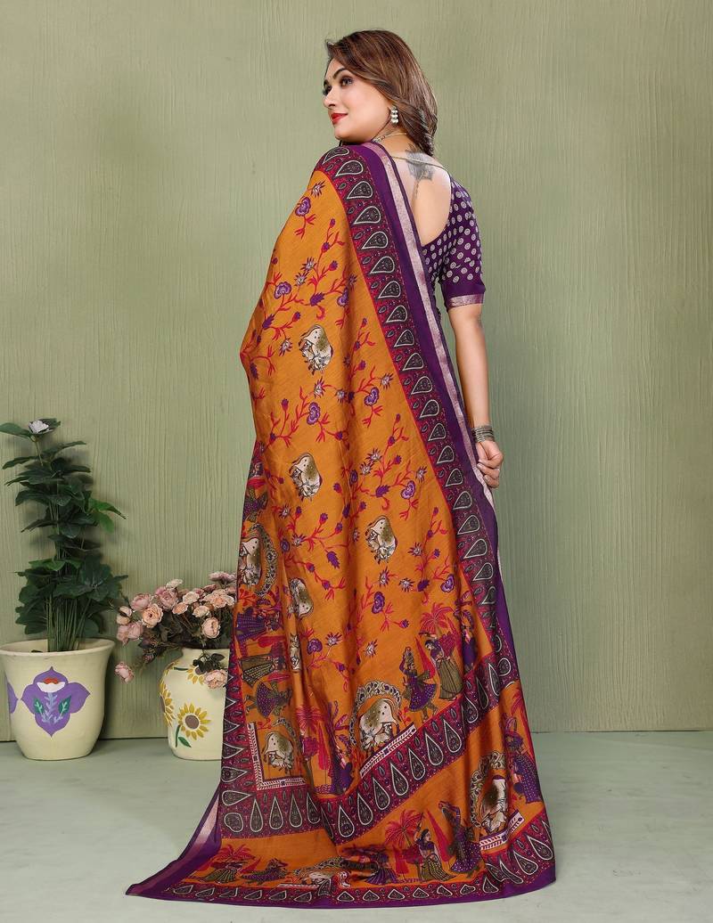 Mustard printed mal cotton saree with blouse