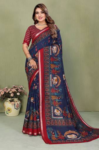 Navy blue printed mal cotton saree with blouse