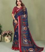 Navy blue printed mal cotton saree with blouse